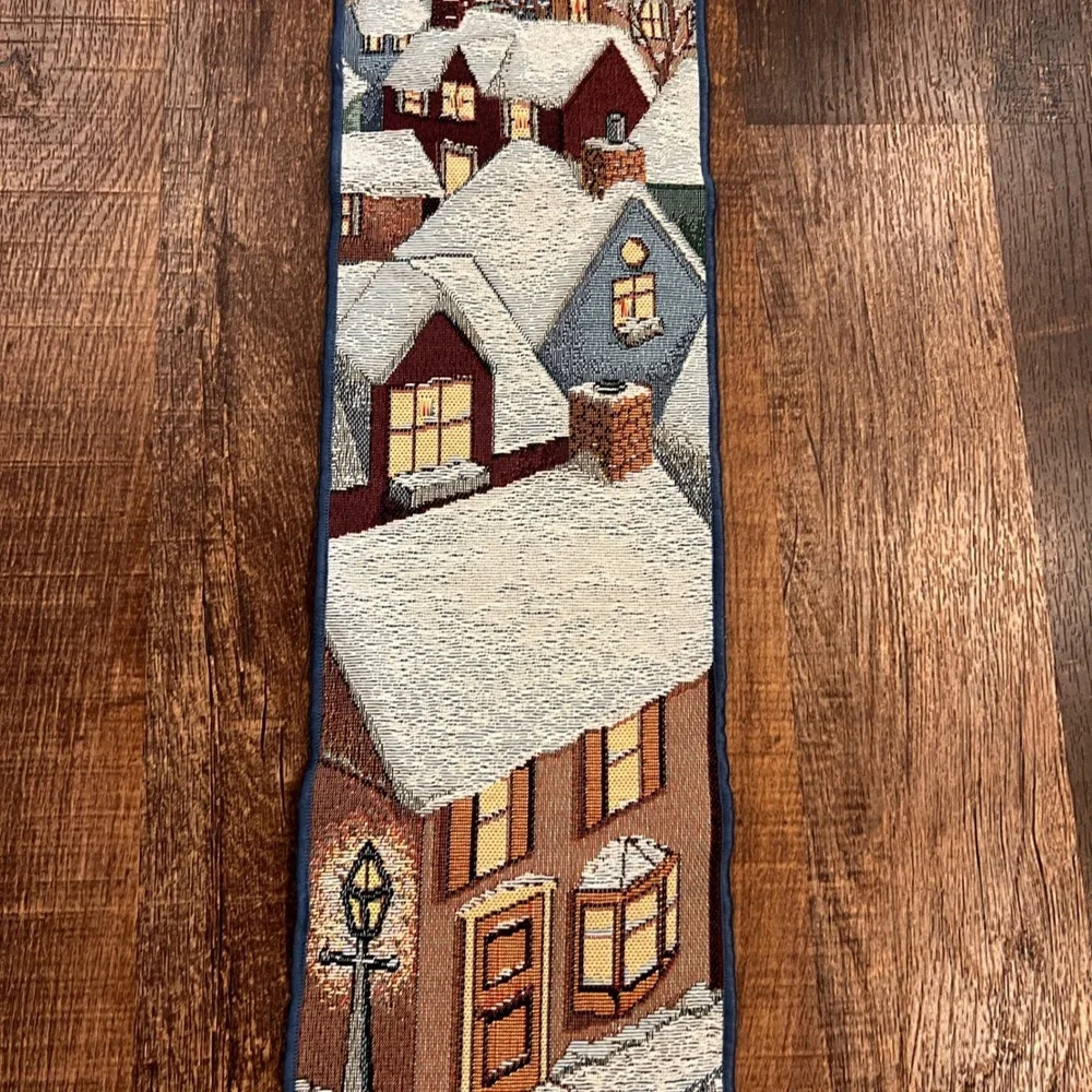 Vintage Christmas Santa Sleigh Woven Tapestry Wall Hanging Bell Pull Tassel Blue